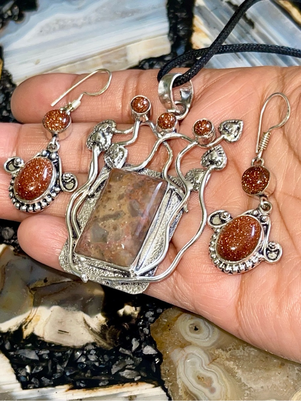 Golden Sandstone & Agate Crystal Pendant & Earrings
